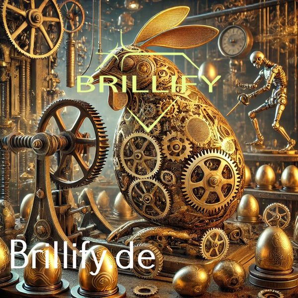 Diamond Painting mit steampunkigem Huhn aus Zahnrädern, goldenen Eiern und Werkstattmaschinen im warmen Metalllicht