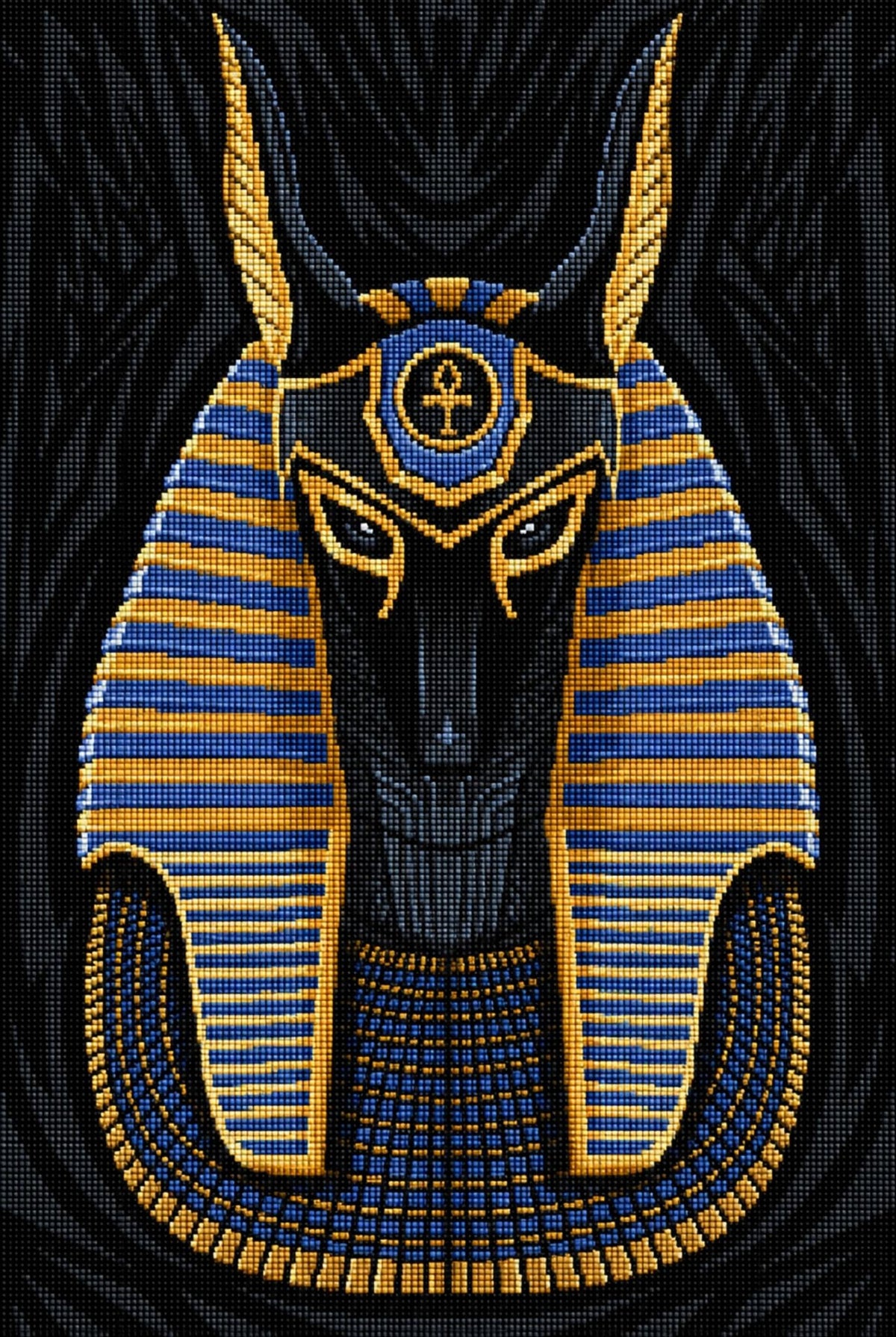 Diamond Painting Portrait des Gottes Anubis in Schwarz mit goldenem und blauem Kopfschmuck. Mockup.