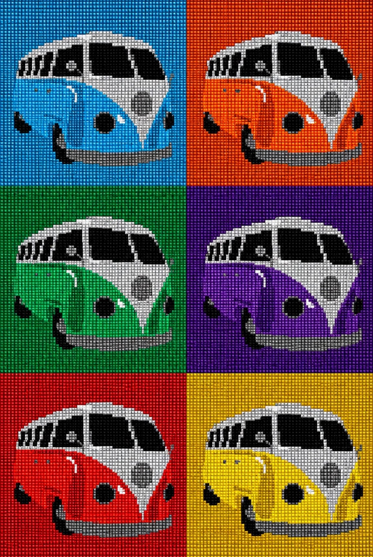 Diamond Painting mit sechs farbigen VW Bullis im Pop-Art-Stil auf unterschiedlich farbigen Hintergründen. Mockup.