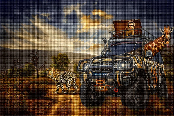 Diamond Painting mit Safari-Jeep, Leopard, Giraffe und Affe in der afrikanischen Savanne. Mockup.
