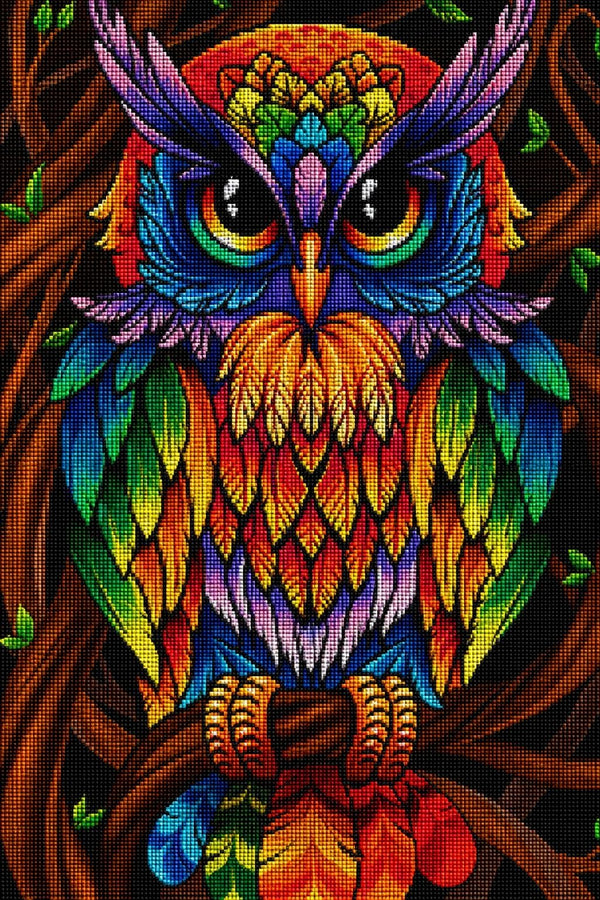 Farbenfrohes Diamond Painting einer Eule mit leuchtendem, neonfarbenem Gefieder auf einem Ast. Mockup.