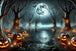 Diamond Painting mit Vollmond über einem Waldsee, Kürbissen, Fledermäusen und kahlen Bäumen.