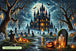 Diamond Painting mit Spukschloss, Vollmond, Geistern, Grabkreuzen, Fledermäusen und Kürbissen. Mockup.