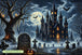 Diamond Painting eines Spukschlosses mit Vollmond, Friedhof, Fledermäusen und Kürbissen. Mockup.