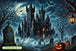 Diamond Painting mit Spukschloss, Vollmond, Grabsteinen, Fledermäusen und leuchtenden Kürbissen. Mockup.