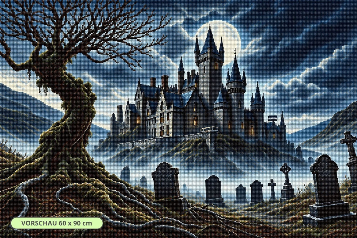 Diamond Painting eines Spukschlosses mit Türmen, Friedhof, Grabsteinen, Baum und dichtem Nebel. Mockup.