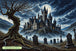 Diamond Painting eines Spukschlosses mit Türmen, Friedhof, Grabsteinen, Baum und dichtem Nebel. Mockup.