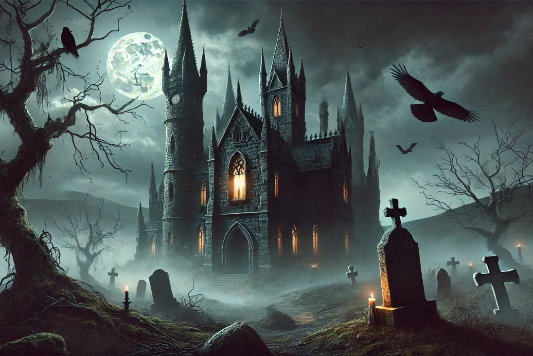 Diamond Painting einer gotischen Burg mit Vollmond, Friedhof, Raben, Fledermäusen und Nebel.