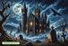 Diamond Painting einer gotischen Burg mit Vollmond, Friedhof, Raben, Fledermäusen und Nebel. Mockup.