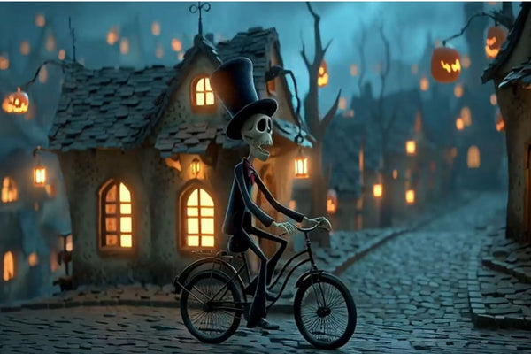 Diamond Painting mit Skelett auf Fahrrad in einem beleuchteten Halloween-Dorf.