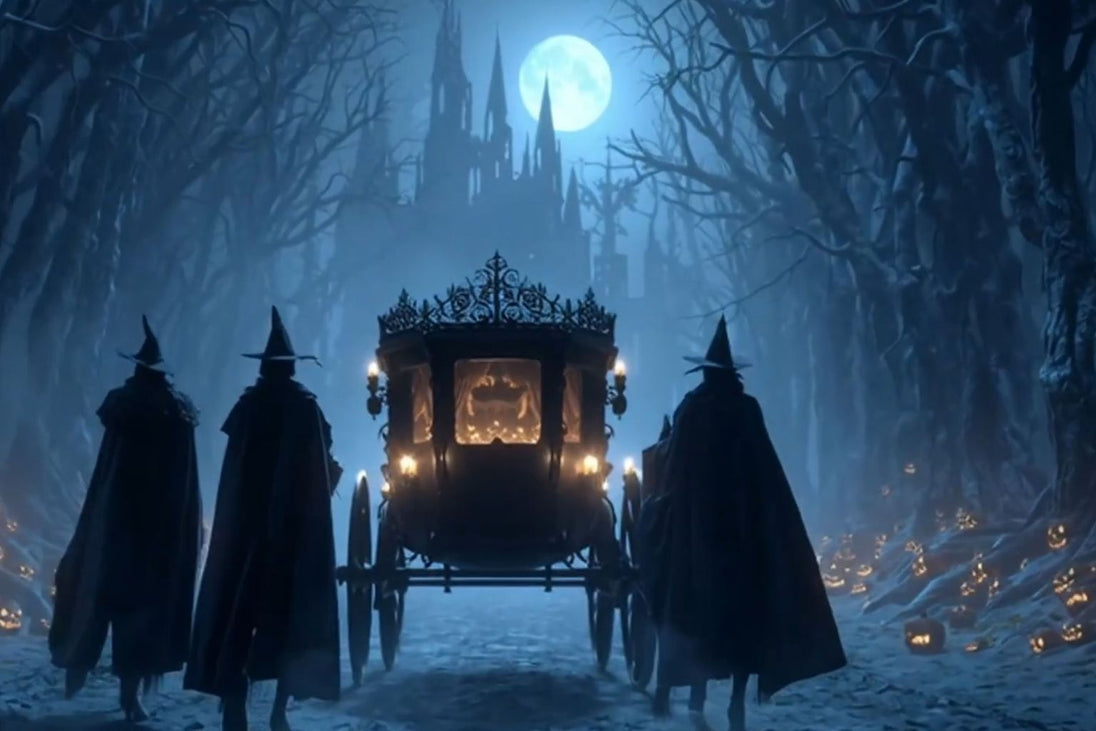 Diamond Painting mit schwarzer Kutsche, drei Hexengestalten, Vollmond und gotischem Schloss im Nebel.