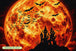 Diamond Painting mit orangefarbenem Vollmond, Fledermäusen und schwarzem Spukschloss. Mockup.
