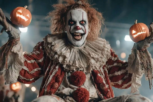 Diamond Painting mit gruseligem Clown in rotem Kostüm zwischen leuchtenden Halloween-Kürbissen.