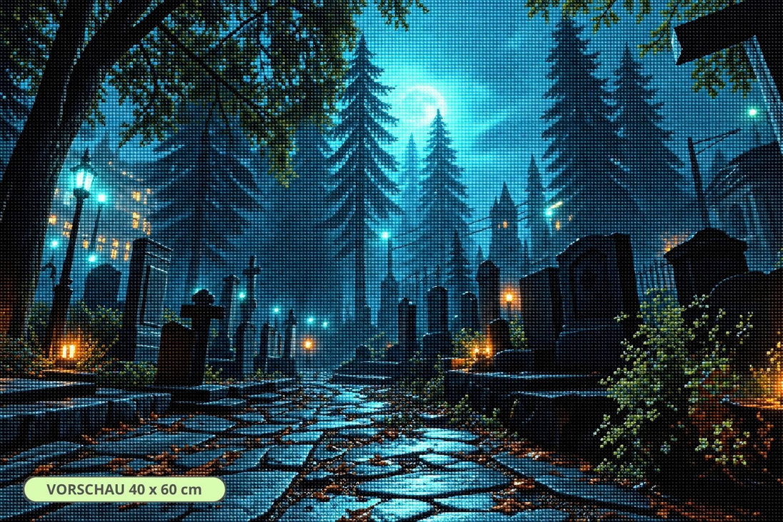 Diamond Painting eines nebligen Friedhofs mit Grabsteinen, Bäumen und türkisfarbenem Nachtlicht. Mockup.