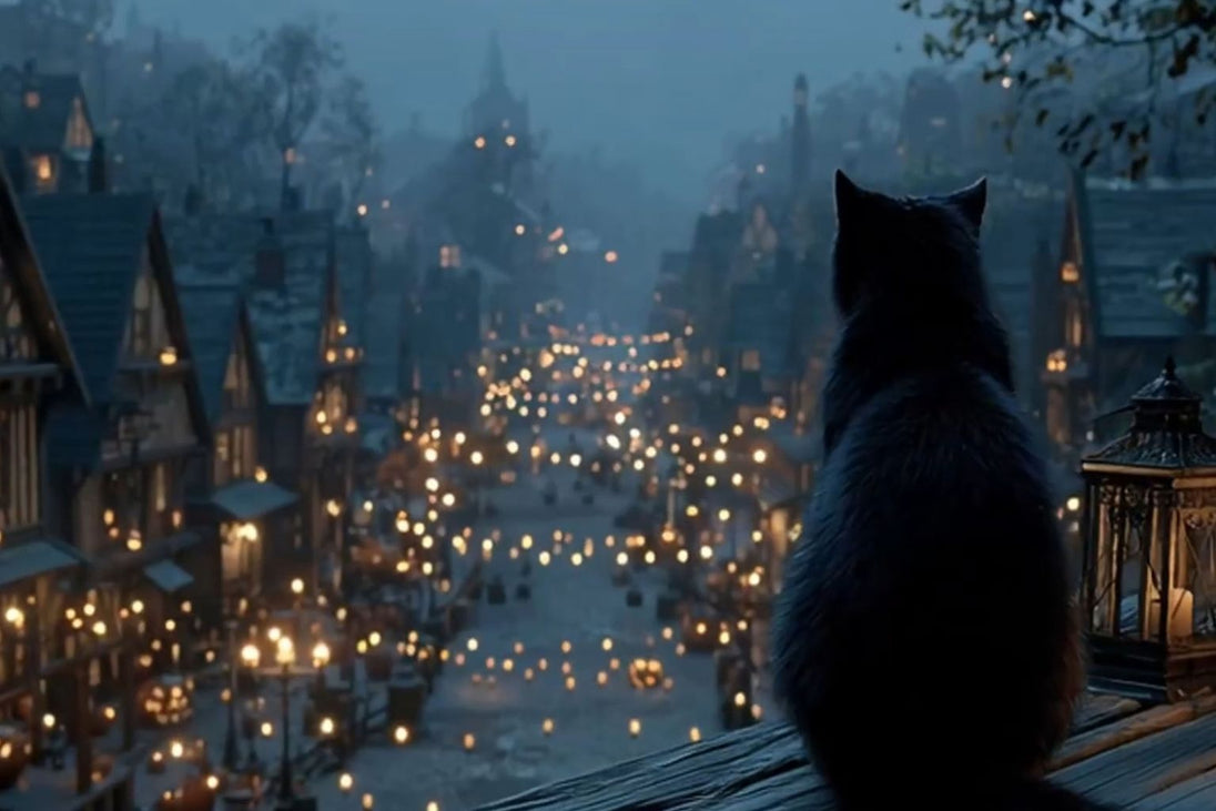 Diamond Painting mit schwarzer Katze auf einem Dach über einem beleuchteten Halloween-Dorf.
