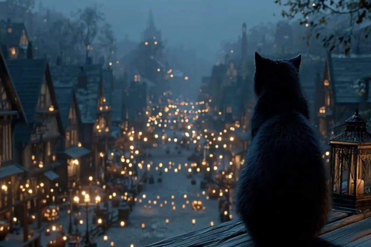 Diamond Painting mit schwarzer Katze auf einem Dach über einem beleuchteten Halloween-Dorf.