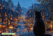 Diamond Painting mit schwarzer Katze auf einem Dach über einem beleuchteten Halloween-Dorf. Mockup.