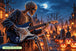 Diamond Painting mit Skelett und Gitarre zwischen leuchtenden Kürbislaternen bei Nacht. Mockup.