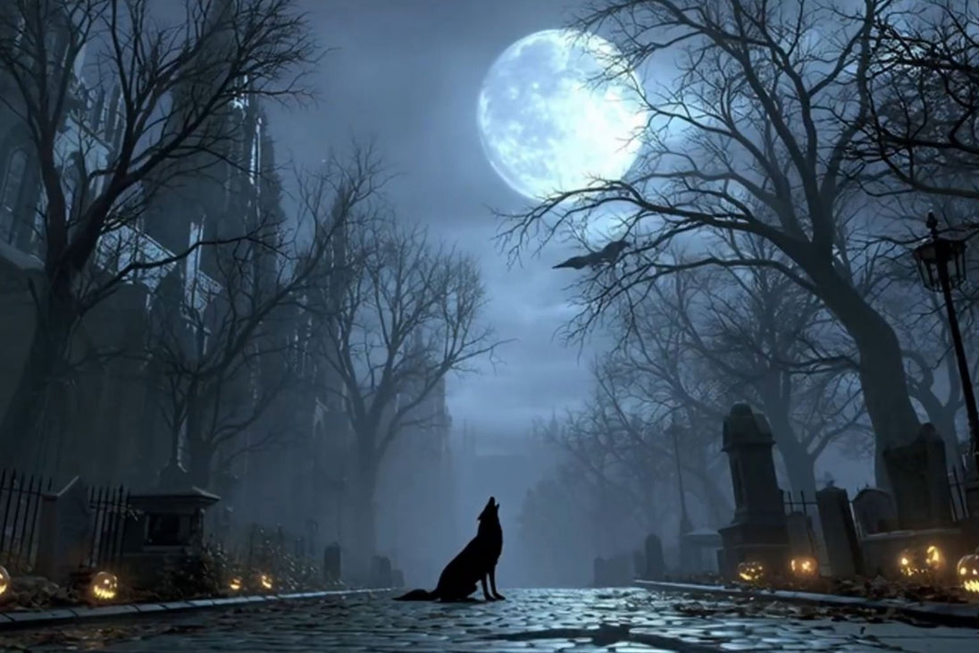 Diamond Painting mit schwarzem Wolf auf Friedhofsallee unter großem Vollmond und zwischen Kürbislaternen.
