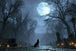 Diamond Painting mit schwarzem Wolf auf Friedhofsallee unter großem Vollmond und zwischen Kürbislaternen.