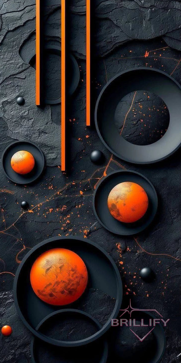 Diamond Painting Abstrakt Geometrische orangefarbene Kugeln auf schwarzer Steinstruktur Schiefer
