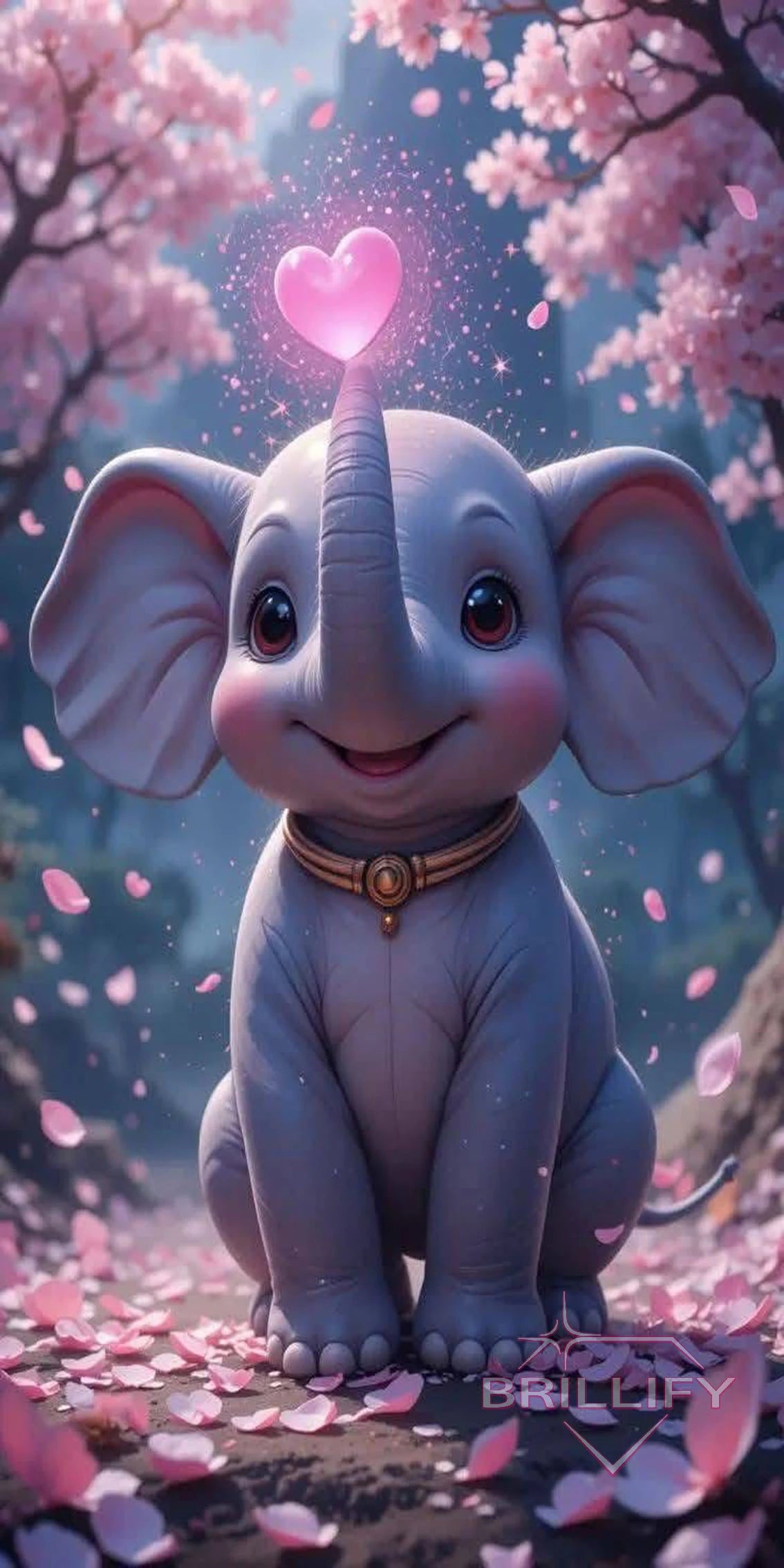 Diamond Painting Motiv kleiner baby-Elefant mit einem pinken Herz auf dem Rüssel und Kirschblüten, Farbwelt Pastellrosa, Hellblau, Creme, zarte Blüten 