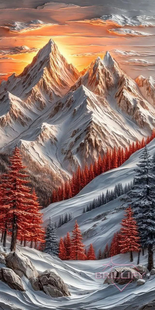 Diamond Painting Motiv verschneite Berge mit roten Tannen, Farbwelt Eisblau, Weiß, Rot, Grau