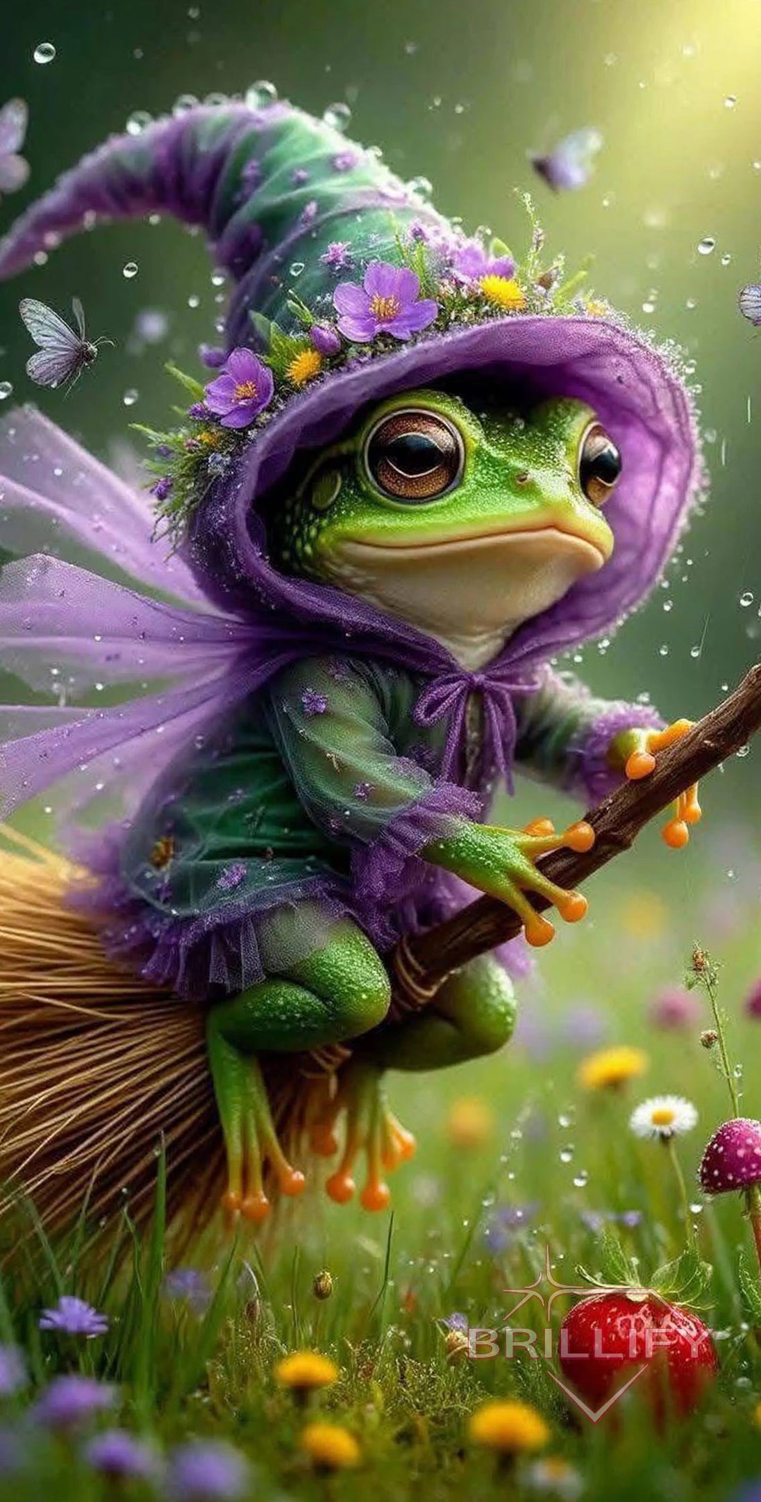 Diamond Painting Motiv Frosch-Magier mit Stab und Pilzen, Farbwelt Grün, Braun, Violett, Gold