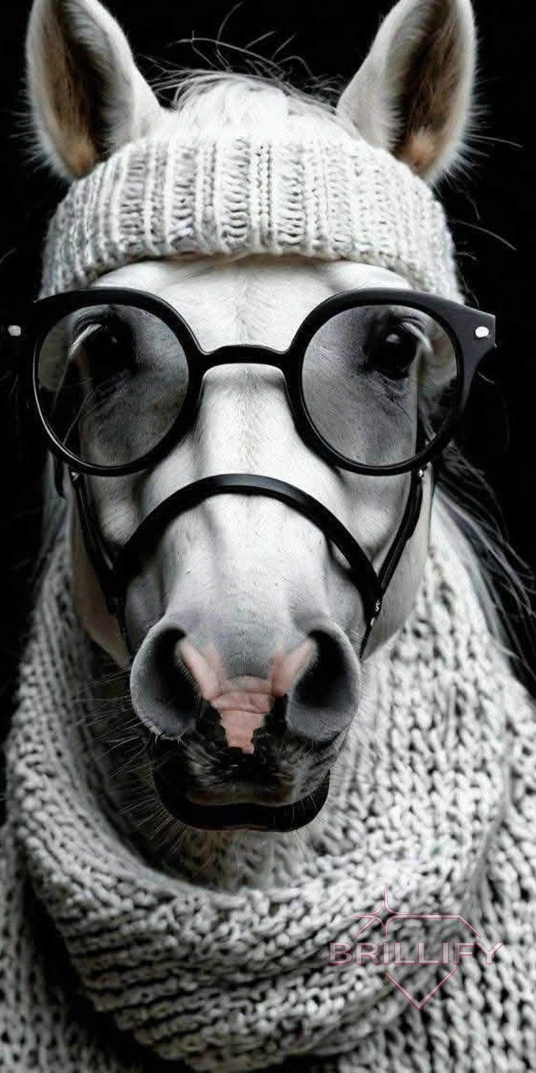 Diamond Painting Motiv Pferd mit Brille, Schal und Strickmütze, Farbwelt Creme, Grau