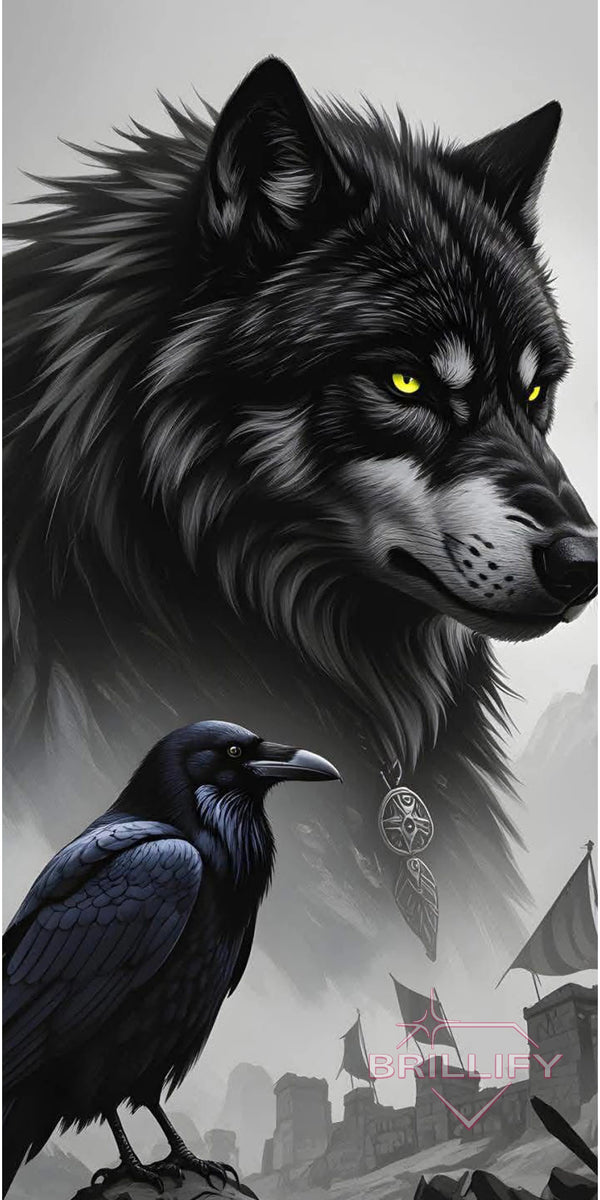 Diamond Painting Motiv schwarzer Wolf mit Rabe, Burg und Nebel, Farbwelt Schwarz, Anthrazit, Rauchgrau