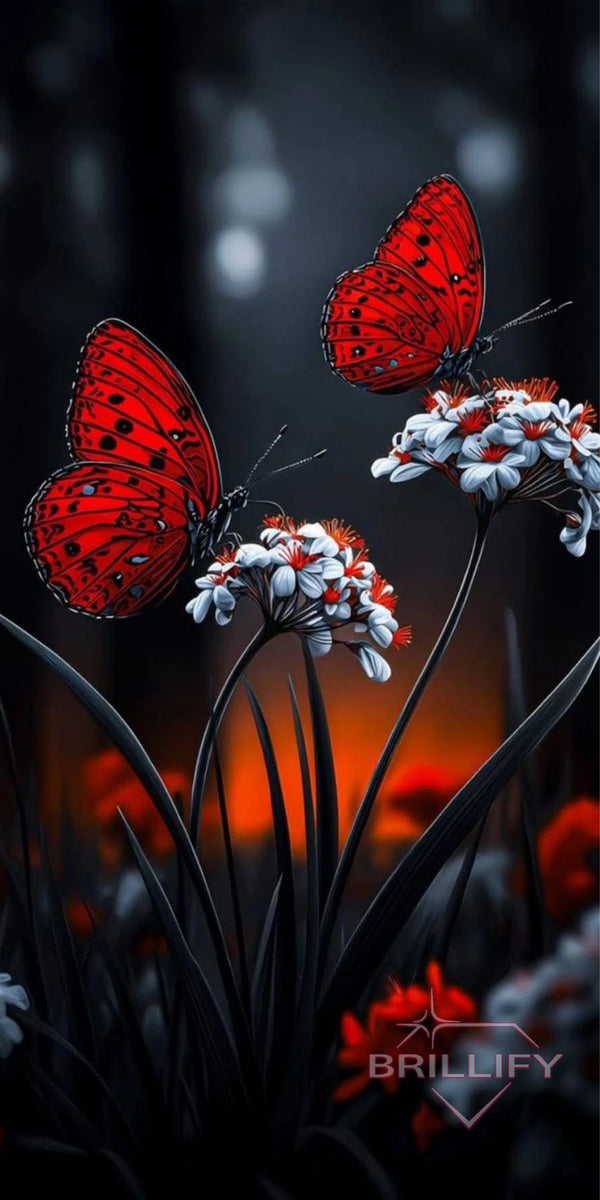 Diamond Painting Tiere Zwei rote Schmetterlinge auf weißen Blumen vor dunklem Hintergrund