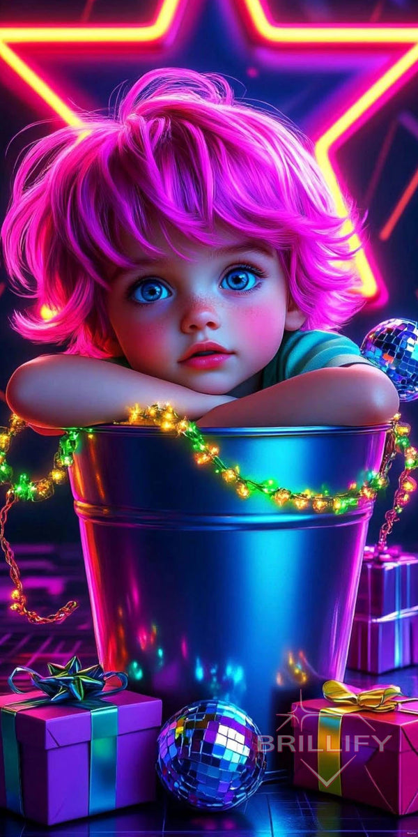 Diamond Painting Lifestyle Kind mit pinken Haaren im Eimer mit Neonsternen und Geschenken