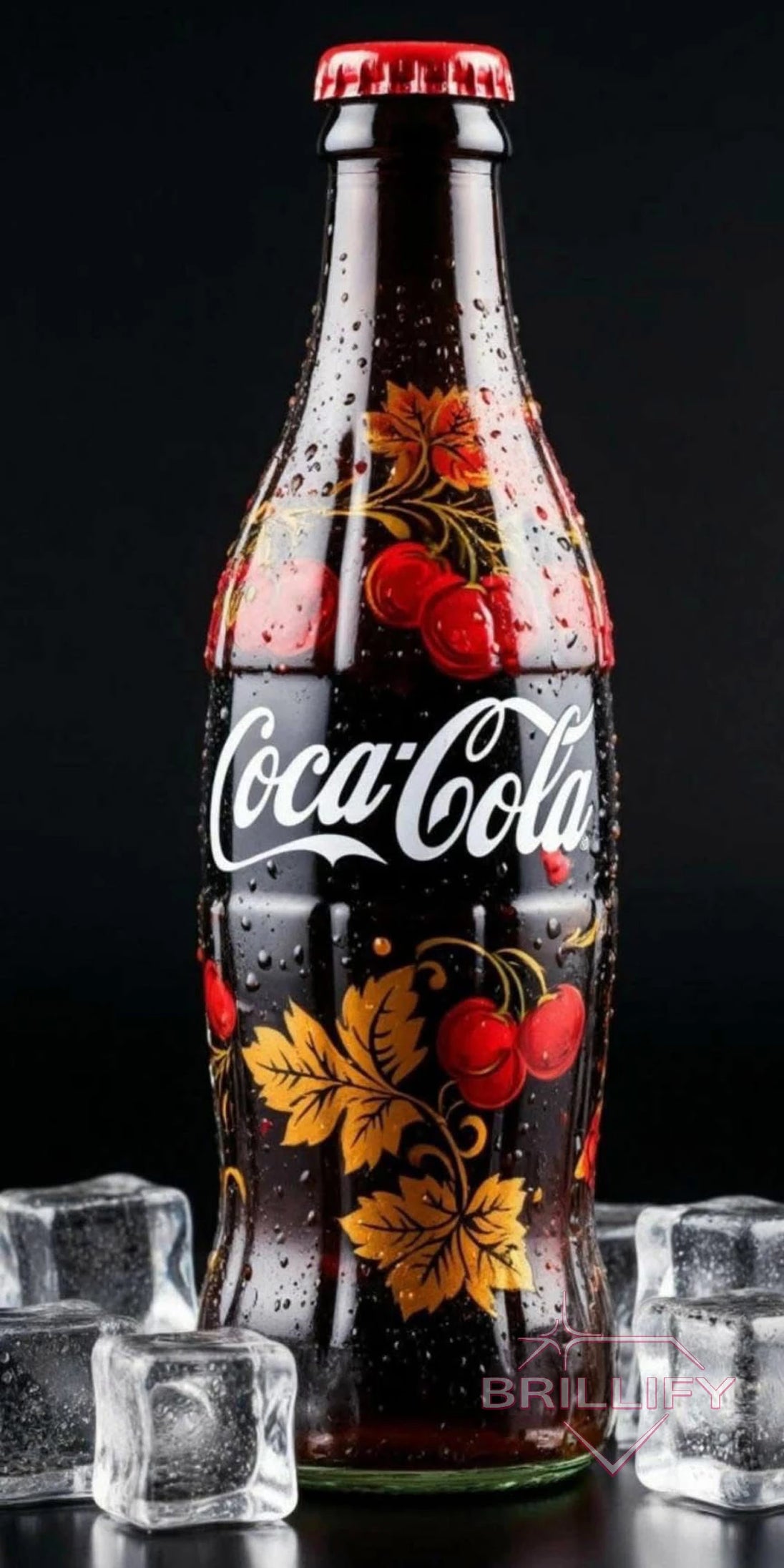 Diamond Painting Stillleben Verzierte Glasflasche mit Kirschmuster auf Eiswürfeln