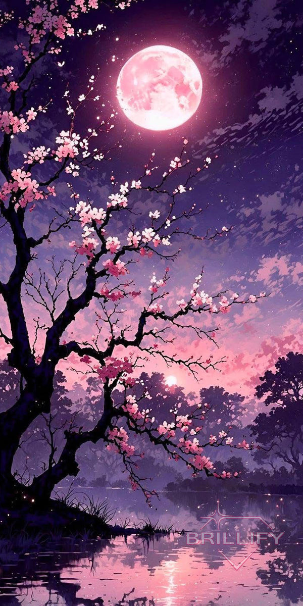Diamond Painting Natur Rosa Kirschbaum am See unter einem pinken Vollmond Pixelvorschau