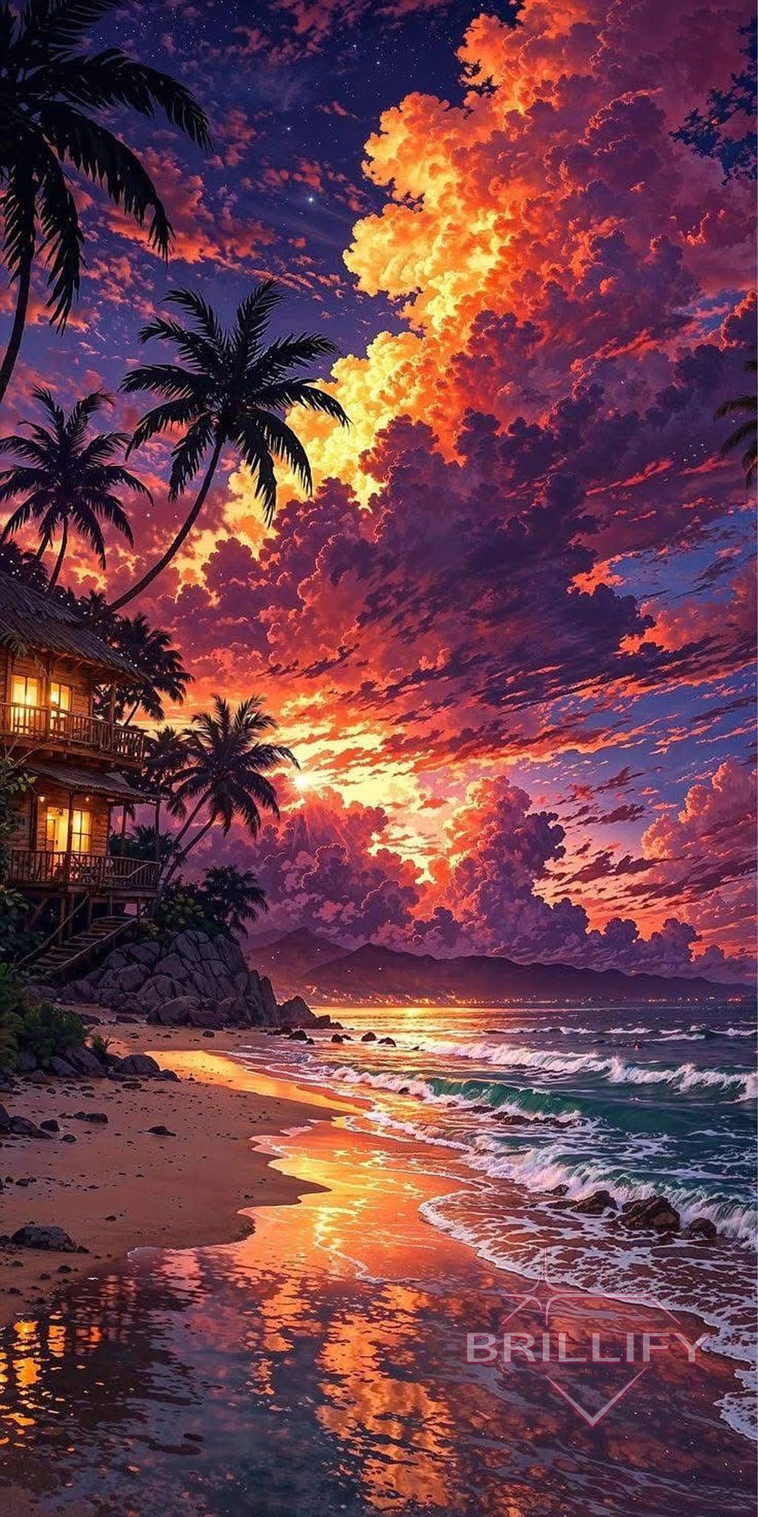 Diamond Painting Landschaften Tropischer Strand mit Hütte und Palmen bei glühendem Sonnenuntergang