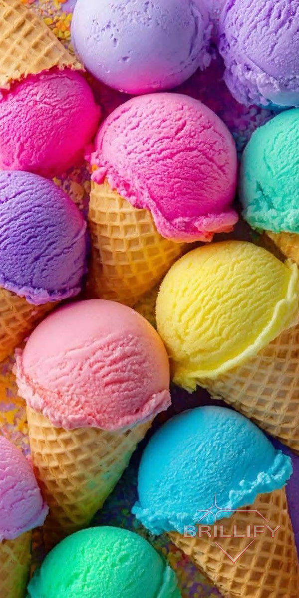 Diamond Painting Lifestyle Viele bunte Eistüten mit verschiedenen Eiskugeln in Pastellfarben