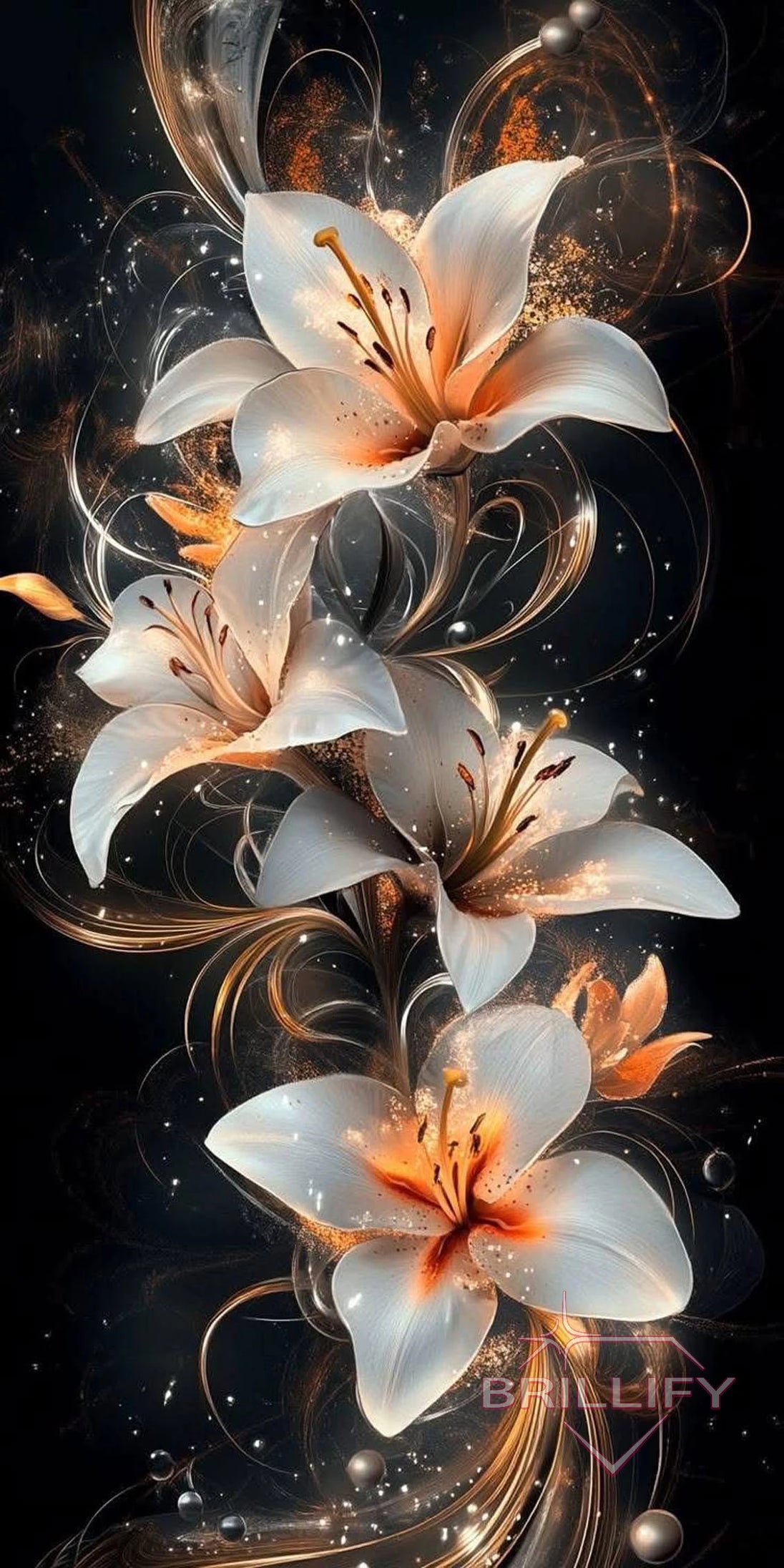 Diamond Painting Blumen Weiße Lilien mit goldenen Lichtwirbeln auf schwarzem Grund