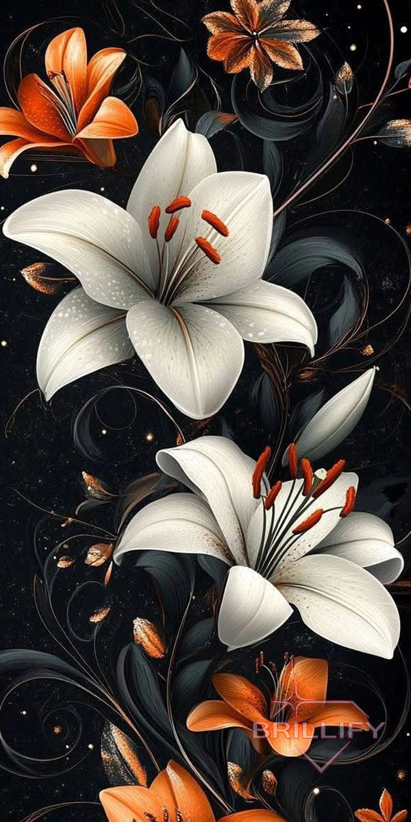 Diamond Painting Blumen Weiße und orange Lilien mit schwarzen Schnörkel-Ornamenten