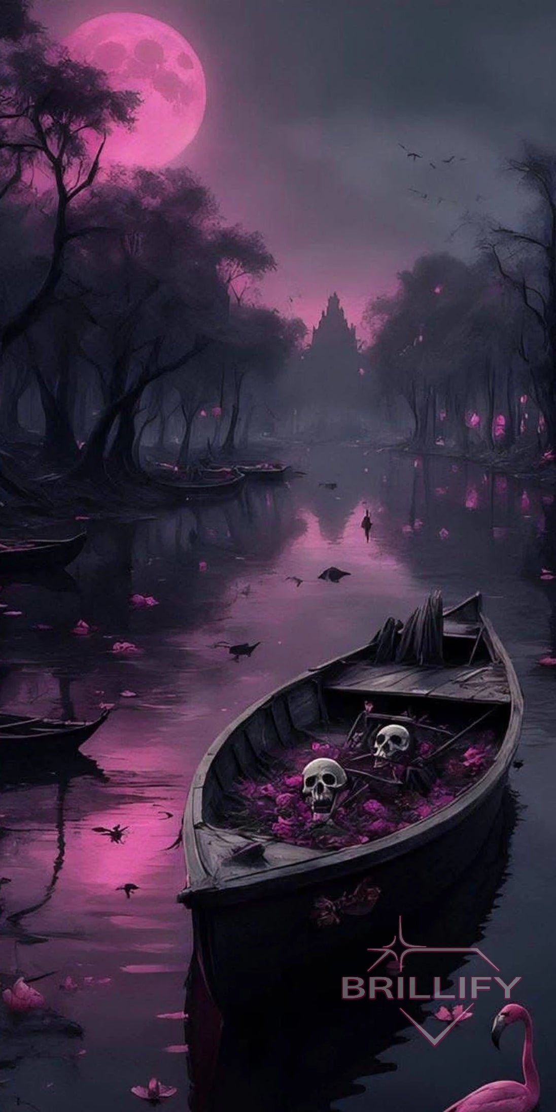 Diamond Painting Fantasy Boot mit Totenköpfen auf violettem Fluss unter pinkem Vollmond