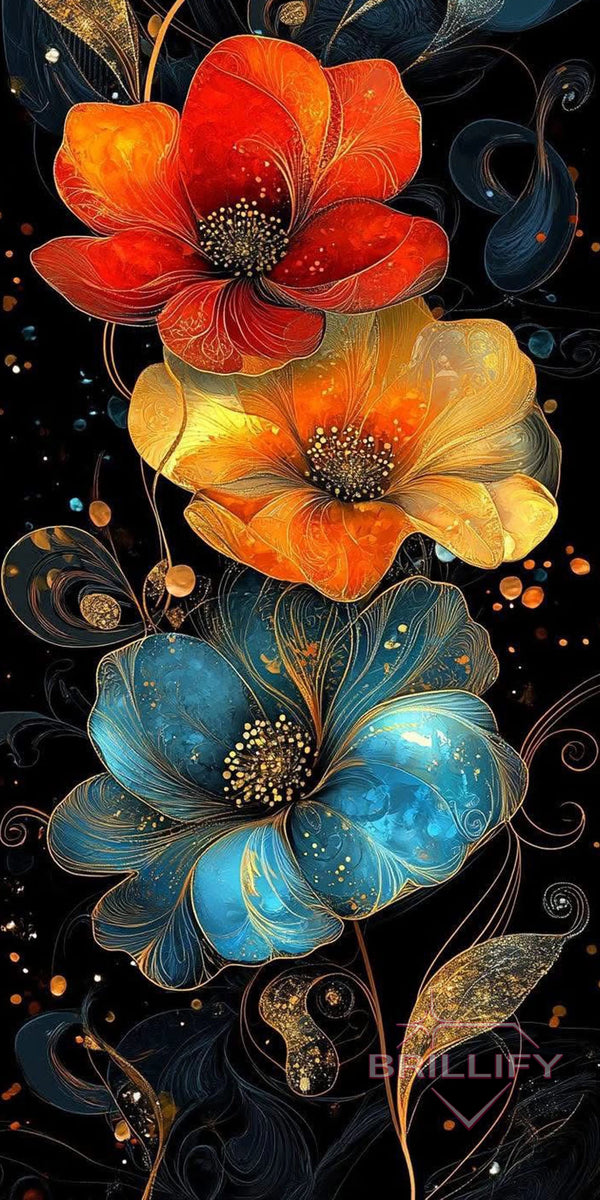 Diamond Painting Blumen Drei bunte Blüten mit goldenen Ornamenten auf schwarzem Hintergrund