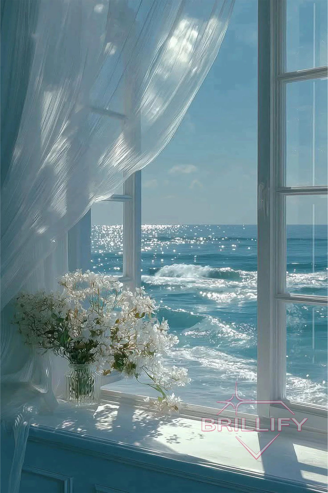 Diamond Painting Landschaften Blick aus dem Fenster auf das glitzernde Meer