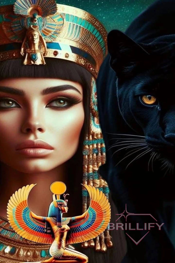 Diamond Painting Fantasy Ägyptische Frau mit Goldkrone und schwarzem Panther