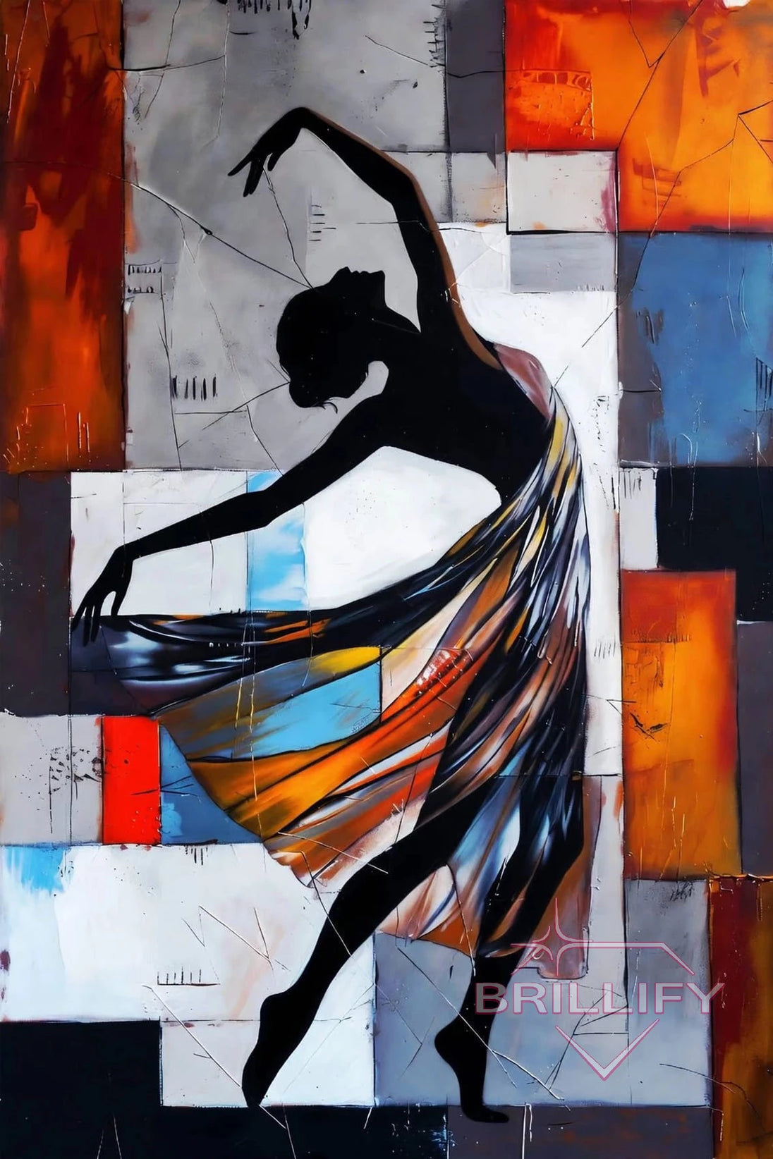 Diamond Painting Abstrakt Schwarze Silhouette einer Tänzerin vor bunten Quadraten