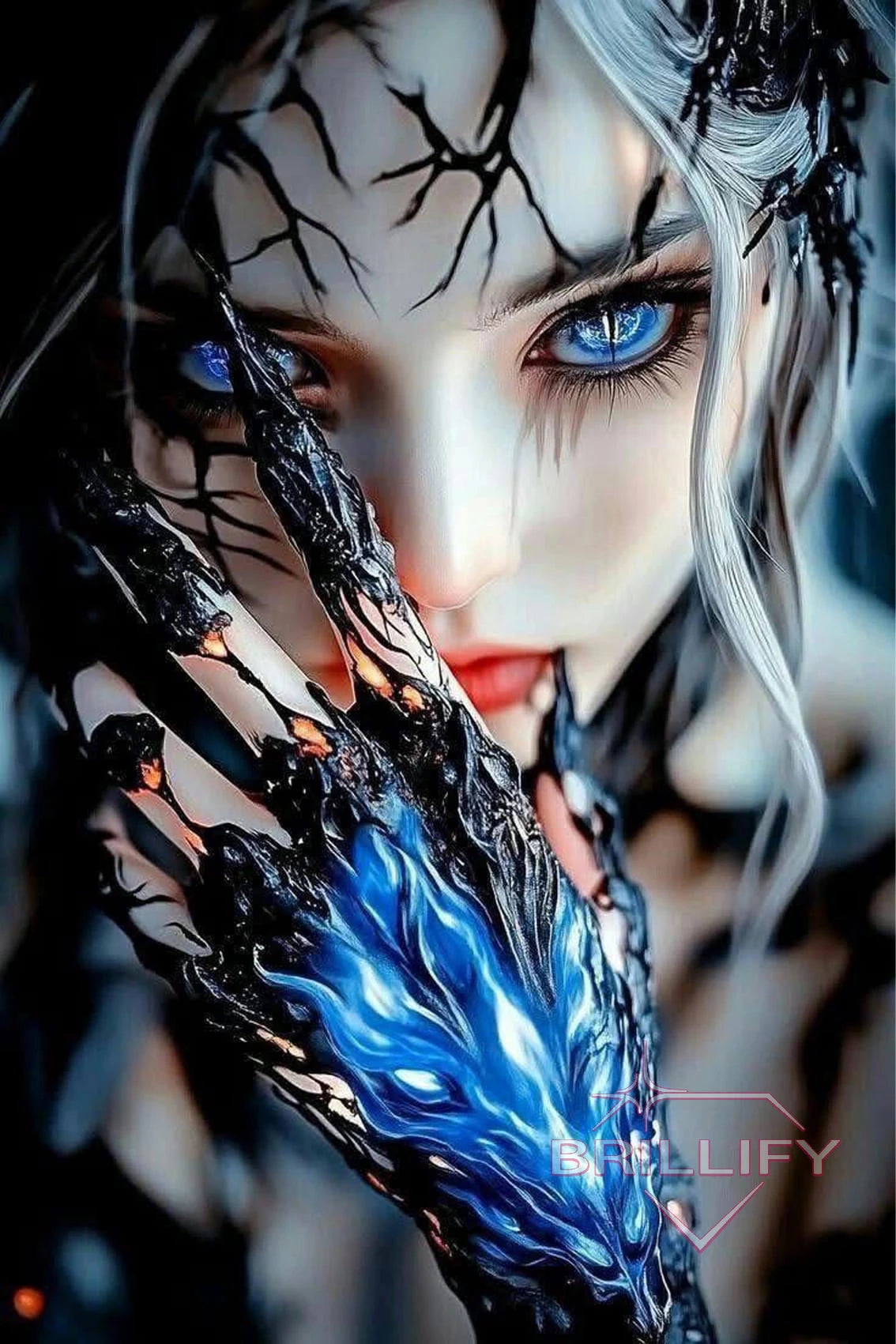 Diamond Painting Fantasy Frauengesicht mit blauen Augen und schwarzen Rissen