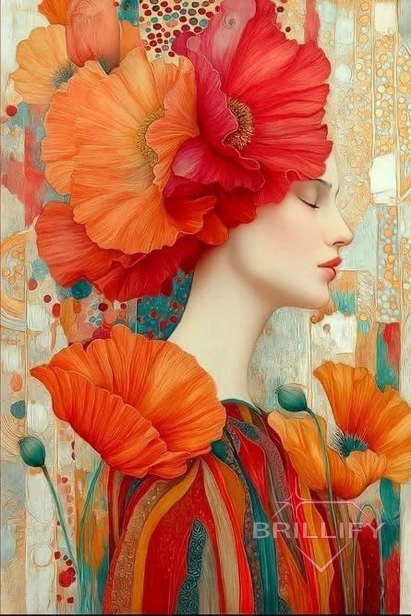 Diamond Painting Beauty Frauenprofil mit großen roten Mohnblumen als Haarschmuck