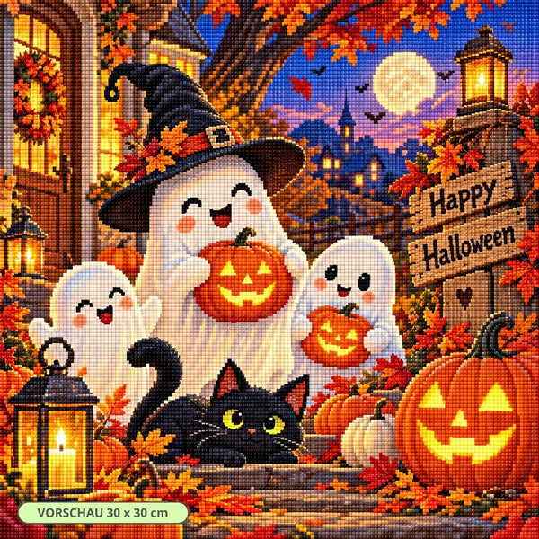 Diamond Painting mit drei weißen Geistern, Kürbissen, schwarzer Katze und Laternen im Herbst. Mockup.