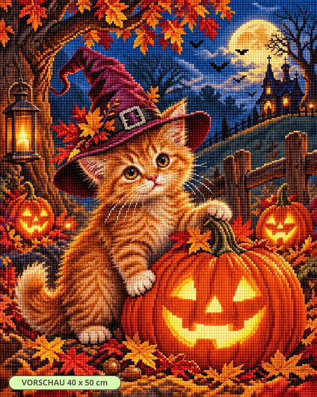 Diamond Painting mit orangefarbenem Kater im Hexenhut zwischen Kürbissen und Herbstlaub. Mockup.