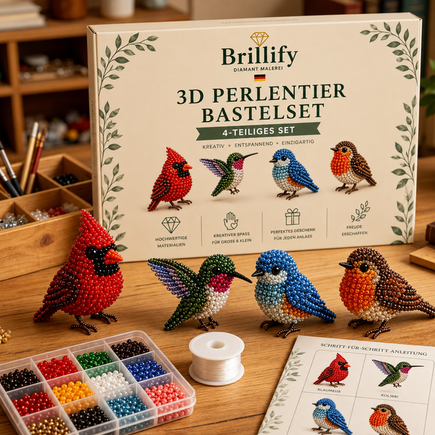 3D Perlentier Bastelset mit vier Voegel-Motiven und bunten Perlen zum kreativen Selbermachen