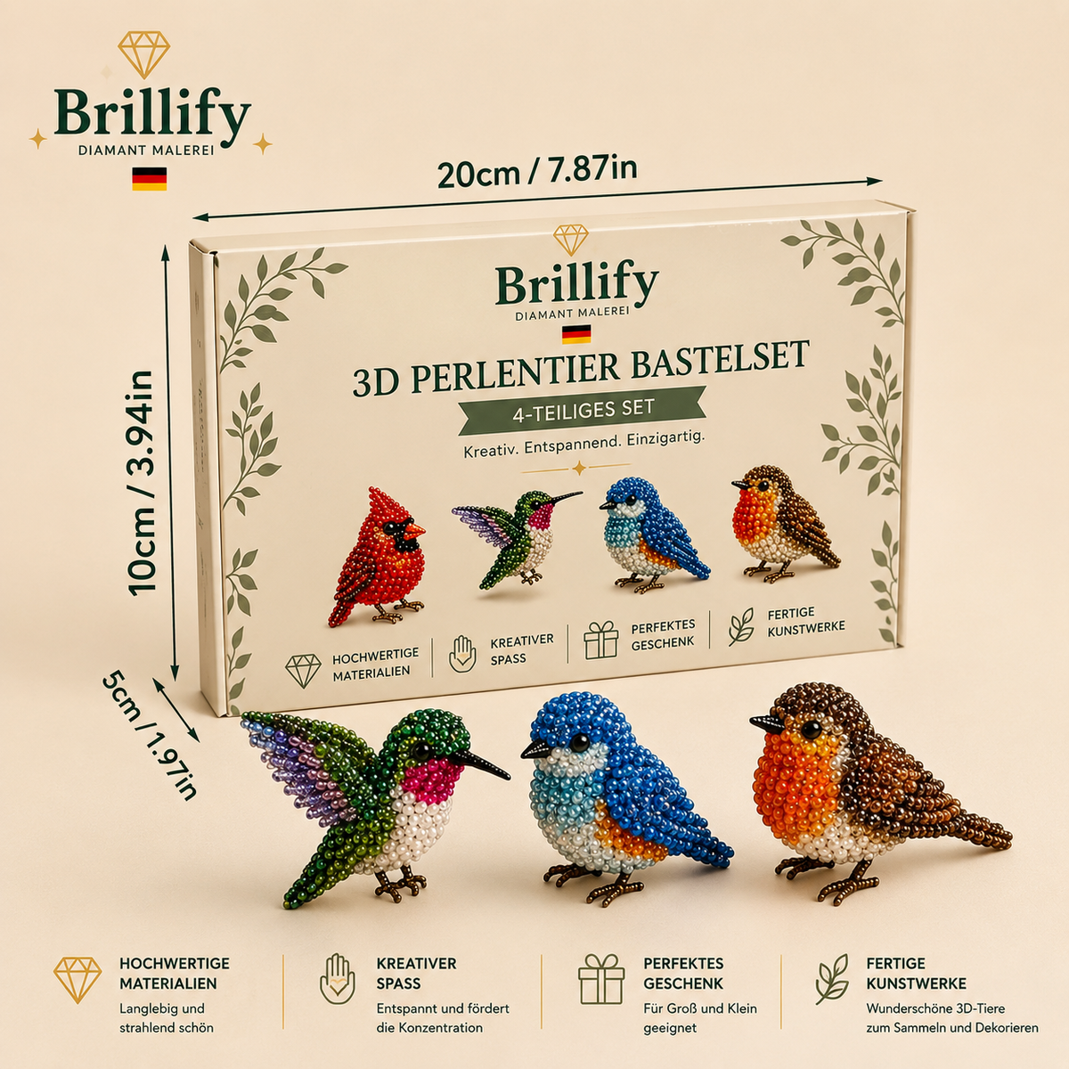 3D Perlentier Bastelset mit vier bunten Vogelmotiven, Bastelvorlage und Groessenangaben