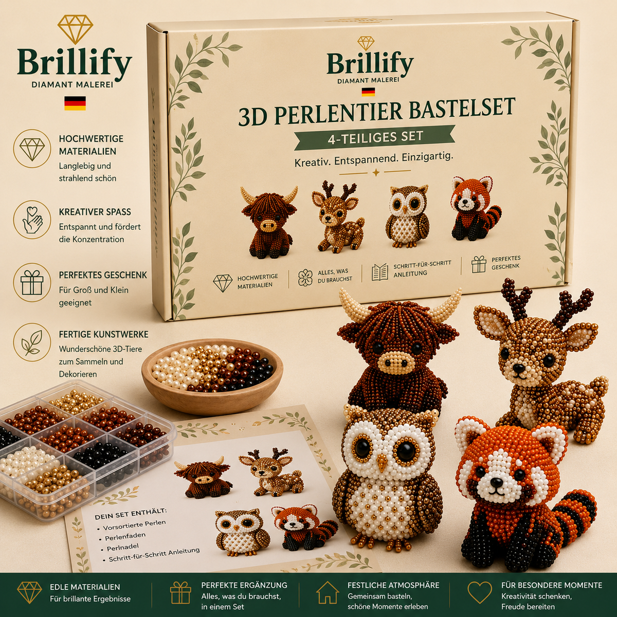 3D Perlentier Bastelset Waldtiere mit Eule, Hirsch, Schneeeule und Fuchs sowie Perlen und Bastelzubehoer